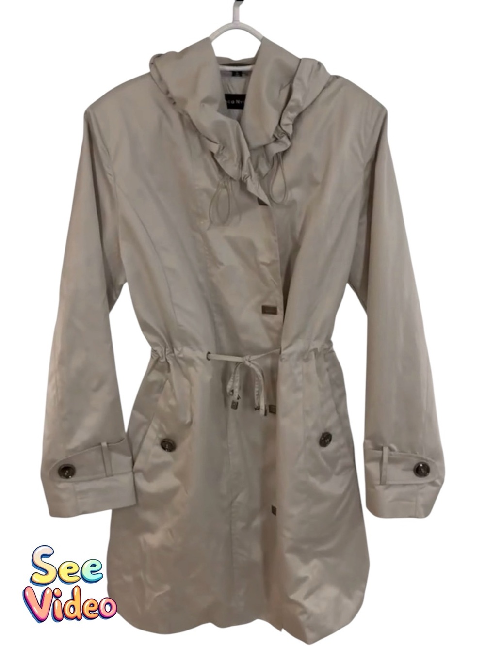 BIANCA NYGARD Vintage Silver Trench Coat Ruffled Collar Shoulder Pads